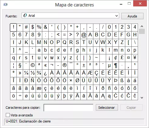 mapa caracteres